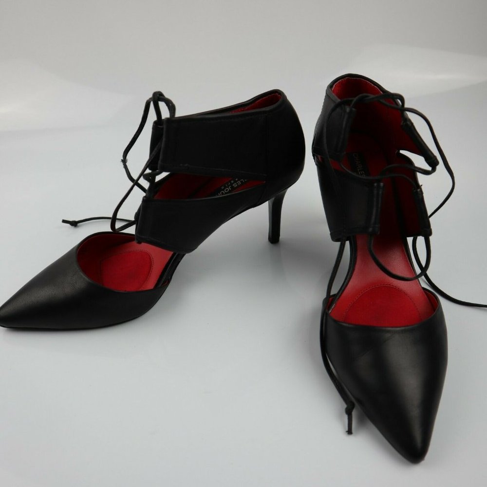 Charles Jourdan Paris Black Leather  Criss Cross String Pump Heels 7 1/2